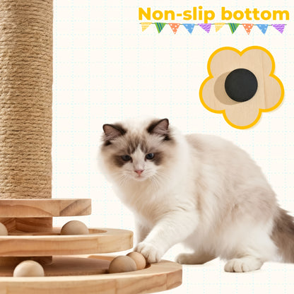 Multi-Level Sisal Cat Scratching Post 4-in-1 with 6 Wooden Balls 2 Hanging Balls & 2 Feather Teaser Toys – Premium Thickened Sisal Anti-Slip