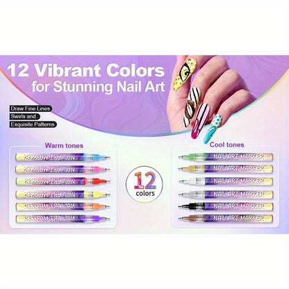 Nail Art Pens 12 Colors Quick Dry 3D Graffiti & Detail Brush Set – Ultra-Fine Precision Drawing Pen Kit for DIY Nail Design