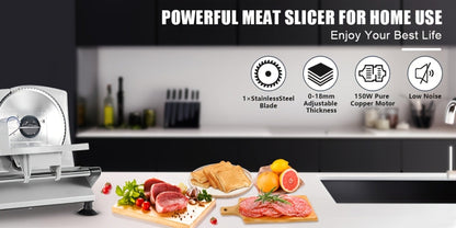 Electric Meat Slicer for Home, 6.7" Stainless Steel Blade, 150W Deli Food Slicer with Adjustable 0-15mm Thickness for Cold Cuts