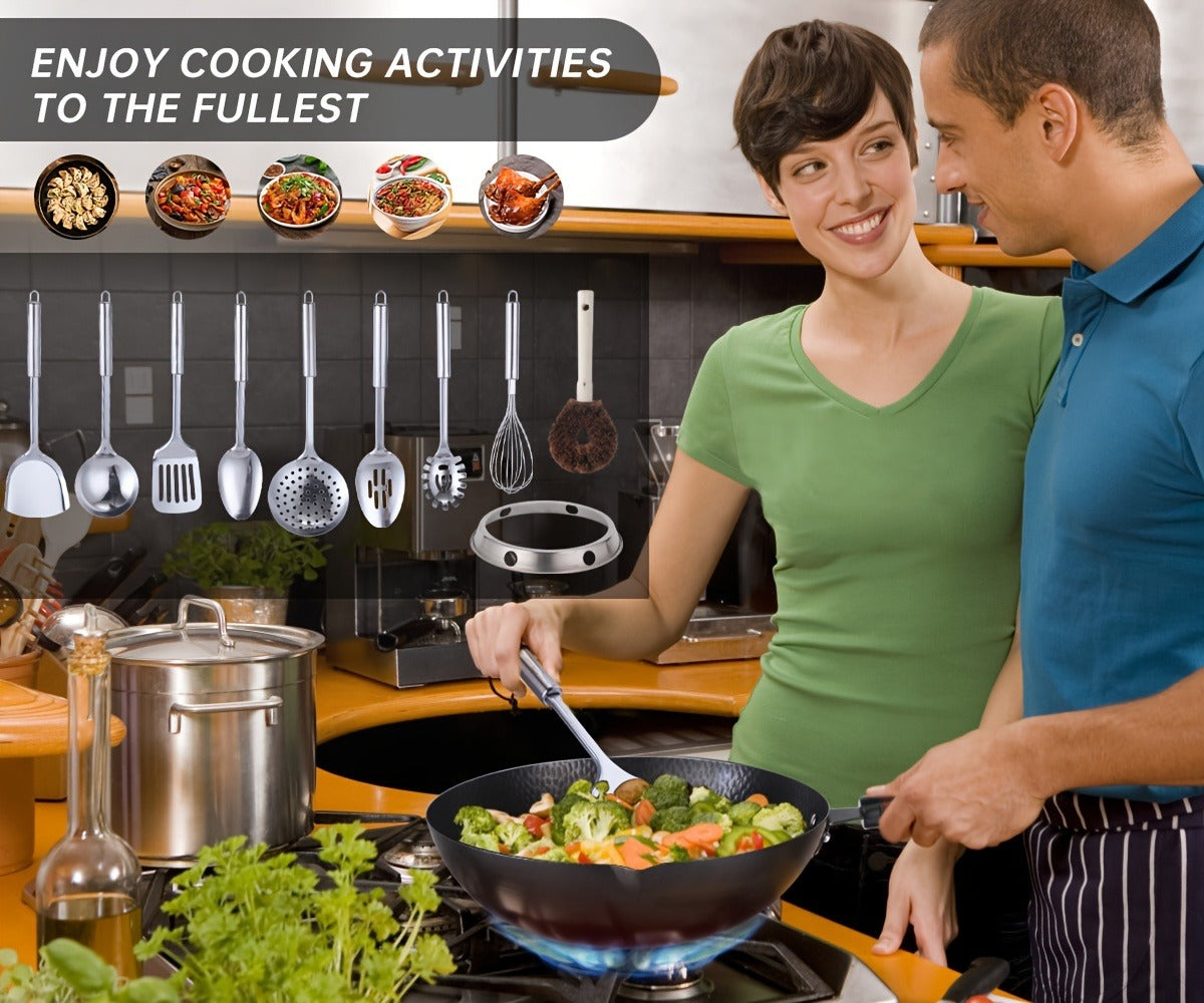 Carbon Steel Wok Pan 12.6 Inch with Lid & 10 Accessories, Uncoated Chinese Stir Fry Wok, Flat Bottom for Electric Induction Gas Stoves