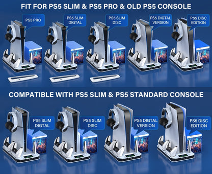 Black Console Cooling Stand Compatible with PS5, Slim and Pro Models, Three Fan Speeds and Dual Controller Dock