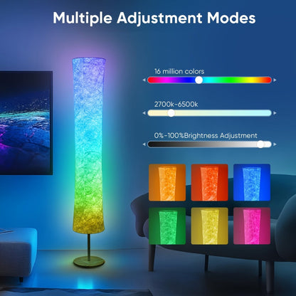 RGB Smart Floor Lamp 16 Million Colors, Music Sync, App & Remote Control, Scene Modes, White Fabric Shade Standing Lamp for Living Room