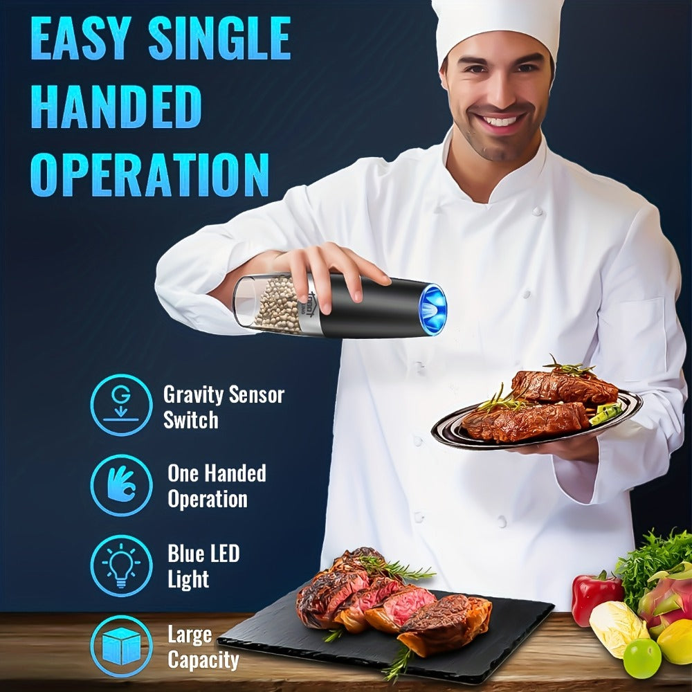Electric Salt and Pepper Grinder Set 2PCS, Battery-Powered, LED Light, One-Handed Operation, Adjustable Coarseness