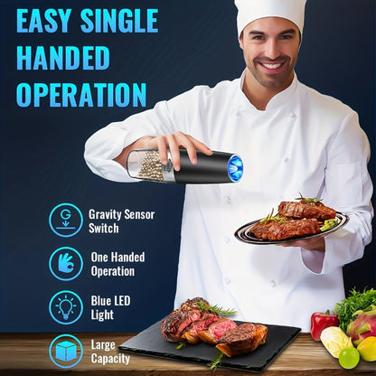 Electric Salt and Pepper Grinder Set 2PCS, Battery-Powered, LED Light, One-Handed Operation, Adjustable Coarseness