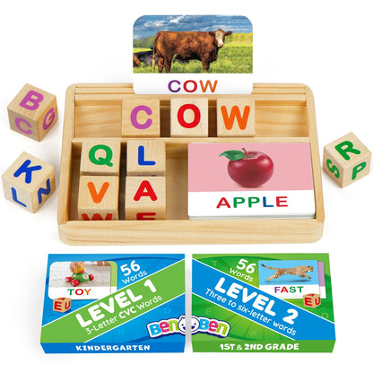 Phonics Word Builder Kit 110+ CVC Flash Cards 10 Letter Blocks Wooden Tray Spelling Matching Game | Learn to Read Toy for Preschool