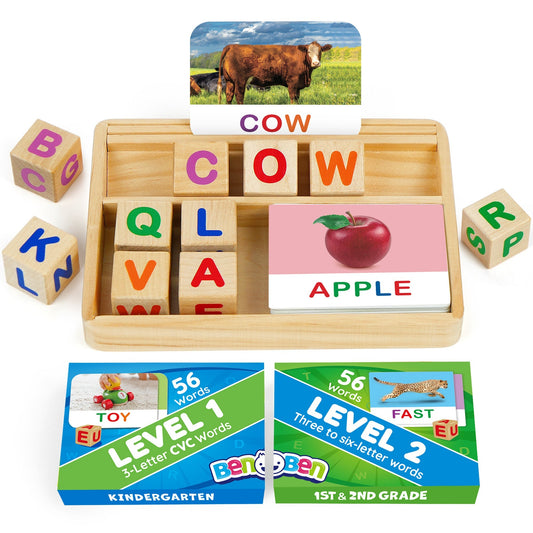 Phonics Word Builder Kit 110+ CVC Flash Cards 10 Letter Blocks Wooden Tray Spelling Matching Game | Learn to Read Toy for Preschool
