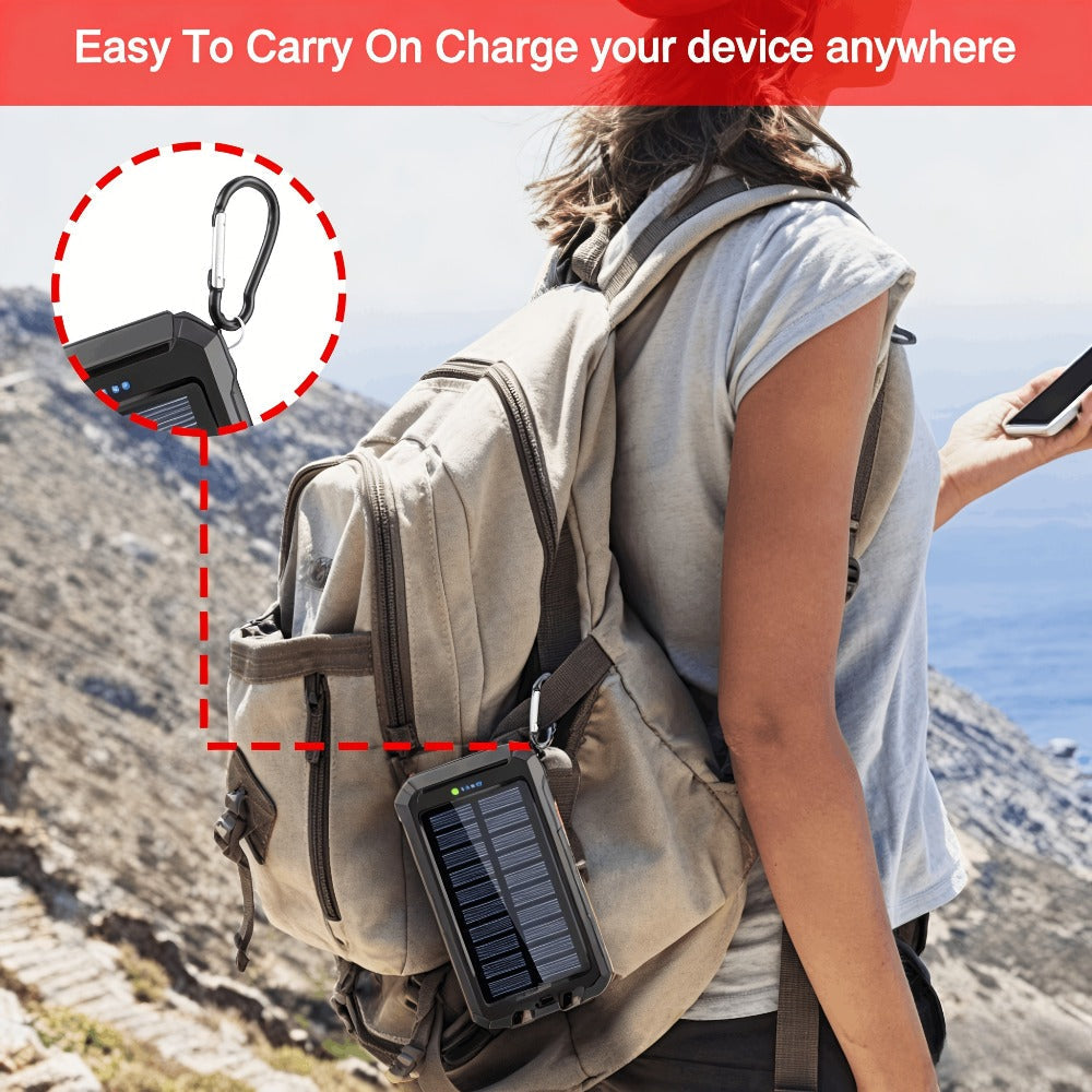 Solar Power Bank 20000mAh Outdoor Portable Charger with LED Flashlight SOS Compass & Carabiner Hook