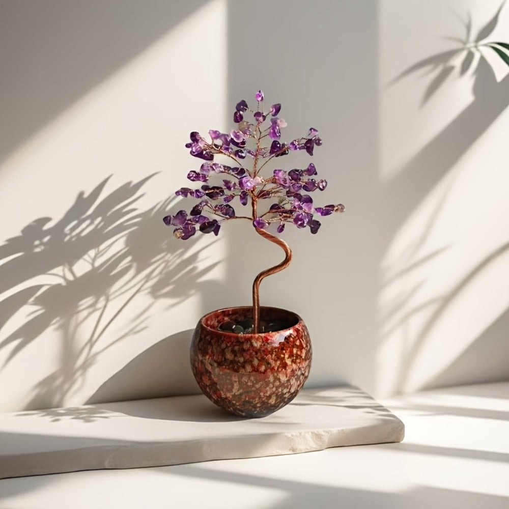 Natural Crystal Gemstone Tree with Ceramic Base 7 Inch Handmade Healing Stone Bonsai Tree for Entryways, Bedrooms and Living Spaces