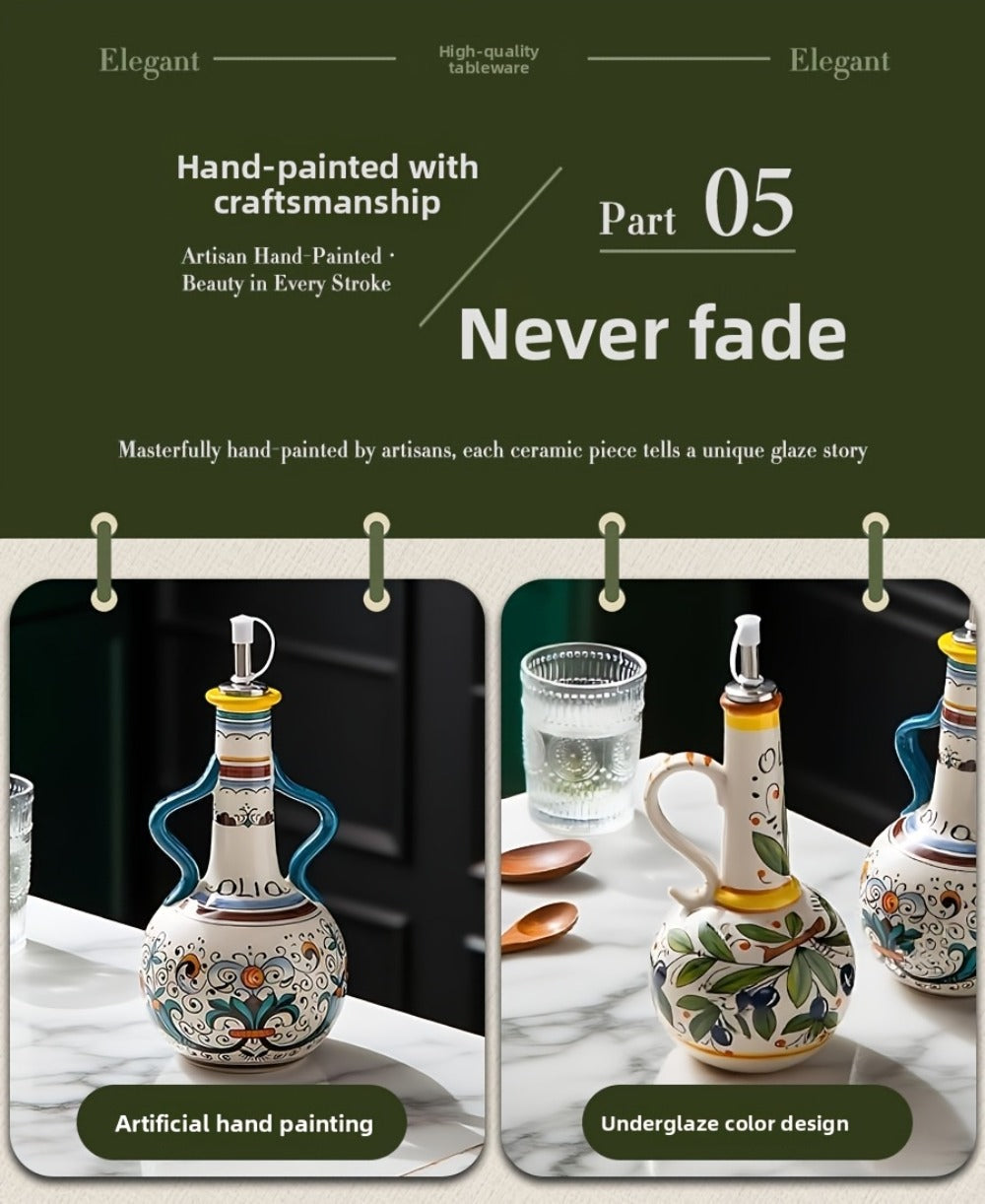 Ceramic Oil and Vinegar Dispenser Set Hand-Painted Underglaze Anti-Drip Leak-Proof Kitchen for Home Cooking, Dining and Outdoor Meals