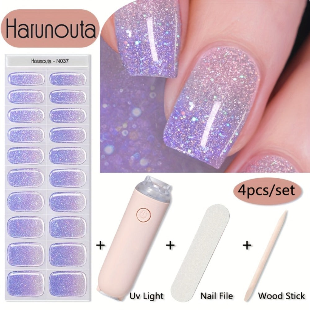 Semi Cured Gel Nail Strips Kit with Handheld LED Nail Lamp, 20 Real Gel Nail Stickers Wraps for DIY Nail Art