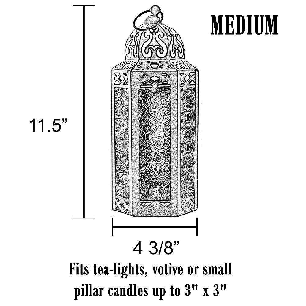 Moroccan Candle Lantern Holder - Decorative Metal & Glass Lantern with Embossed Floral Design for Indoor Home Decor