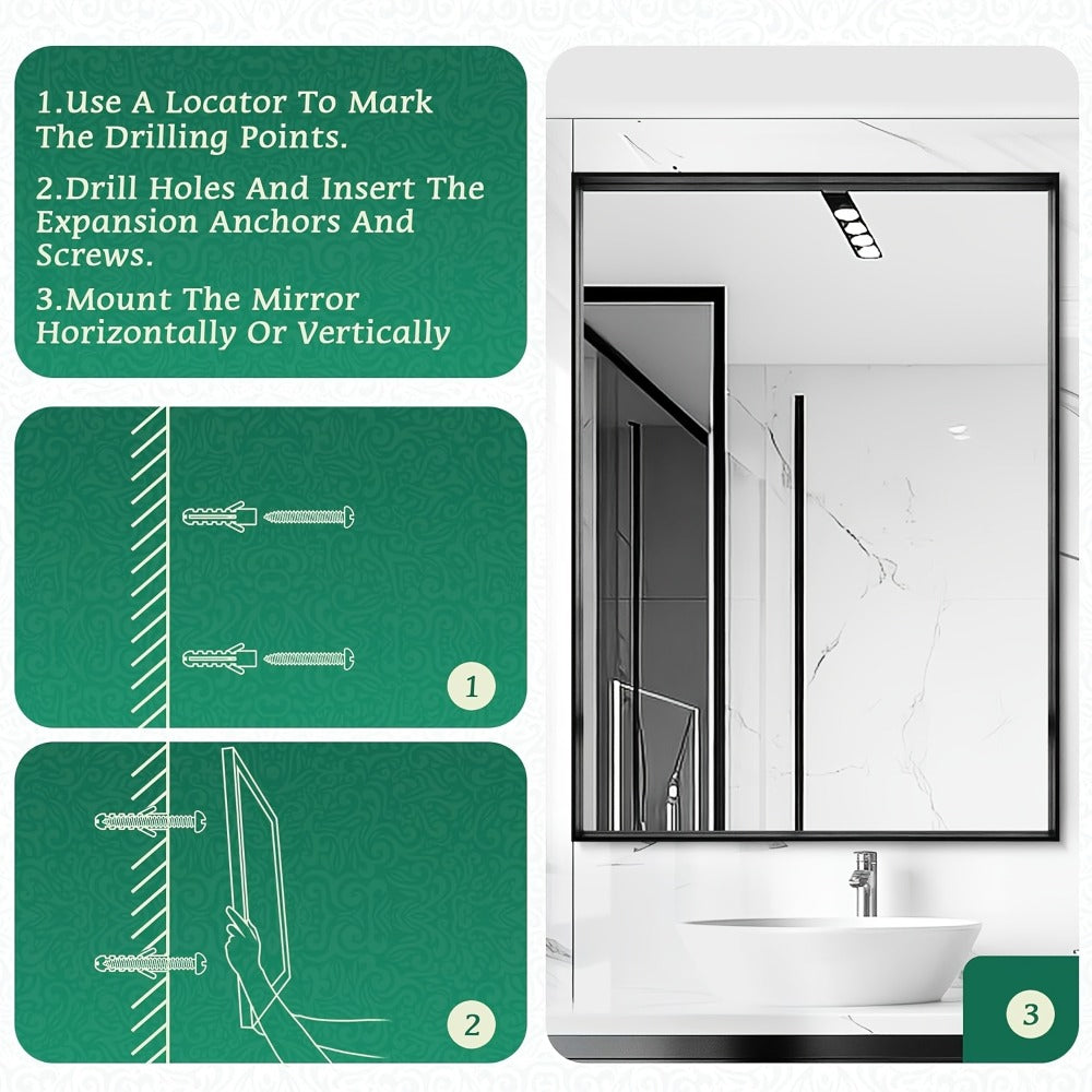 Rectangular Metal-Frame Bathroom Mirror in Black, Gold or Silver with Six Sizes and Dual Orientation
