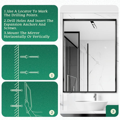 Rectangular Metal-Frame Bathroom Mirror in Black, Gold or Silver with Six Sizes and Dual Orientation