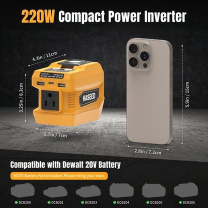 Portable Power Inverter 200W – DeWalt 20V Battery Compatible, DC to AC 110V, 2 USB + Type-C Fast Charging, 400LM Work Light, for Car