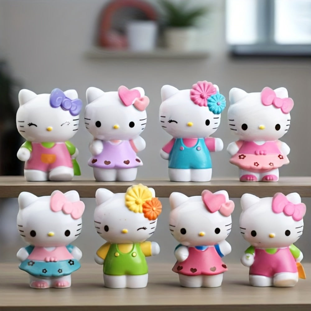 KT Cat Mini Figurine Set 8pcs, Cute Anime Desktop Ornaments Collectible Dolls for Entryways, Bedrooms and Living Spaces