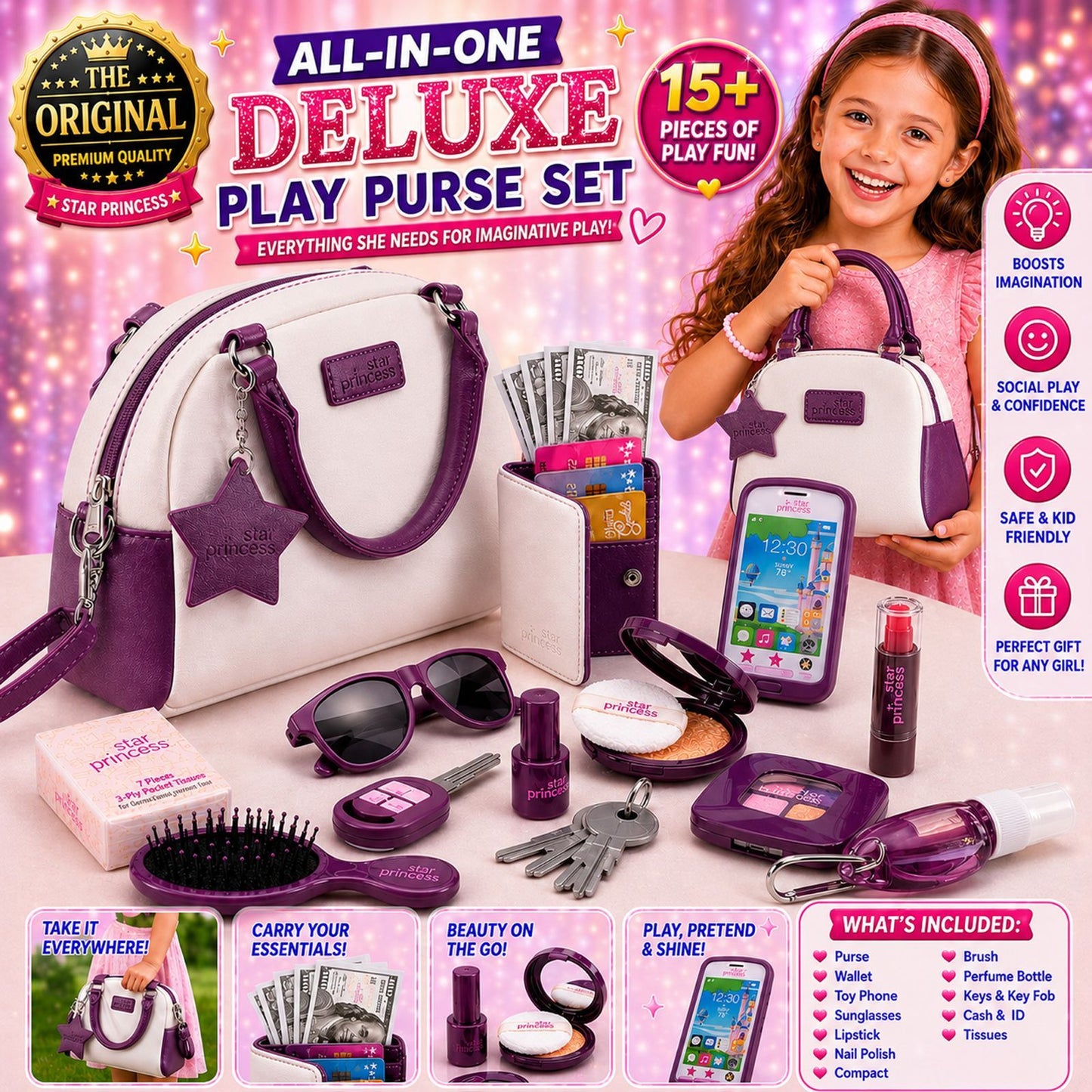 Girls Pretend Play Purse Set for Kids Ages 3-8, 18+ Piece Princess Handbag with Toy Phone, Makeup
