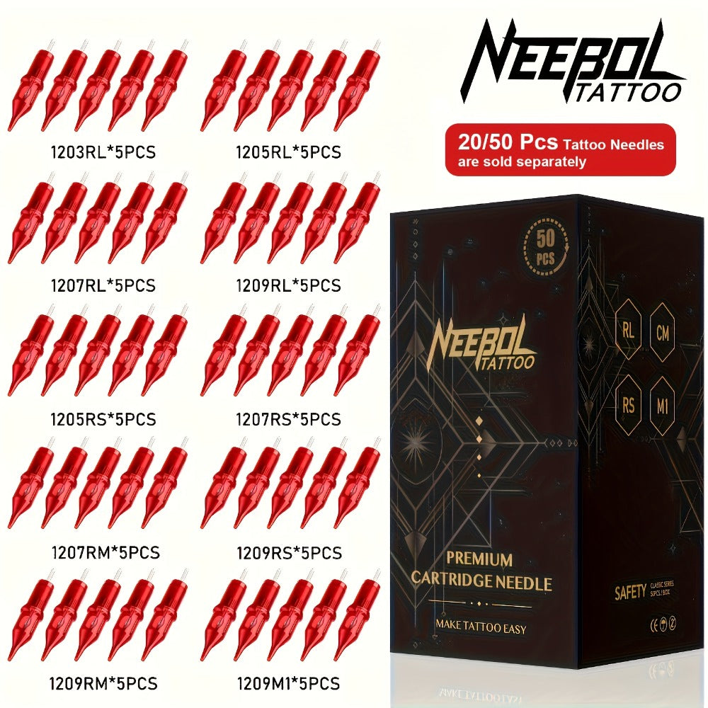 Assorted Tattoo Cartridge Needles Set 20/50pcs - Round Liner Shader Curved Mag Mixed Pack, #10 Bugpin #12 Standard