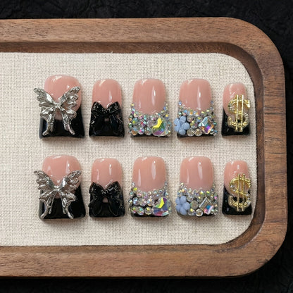 Press On Nails 10-Piece Medium Duckbill Set with Black Nude Color Block, Butterfly, Glitter and AB Rhinestones