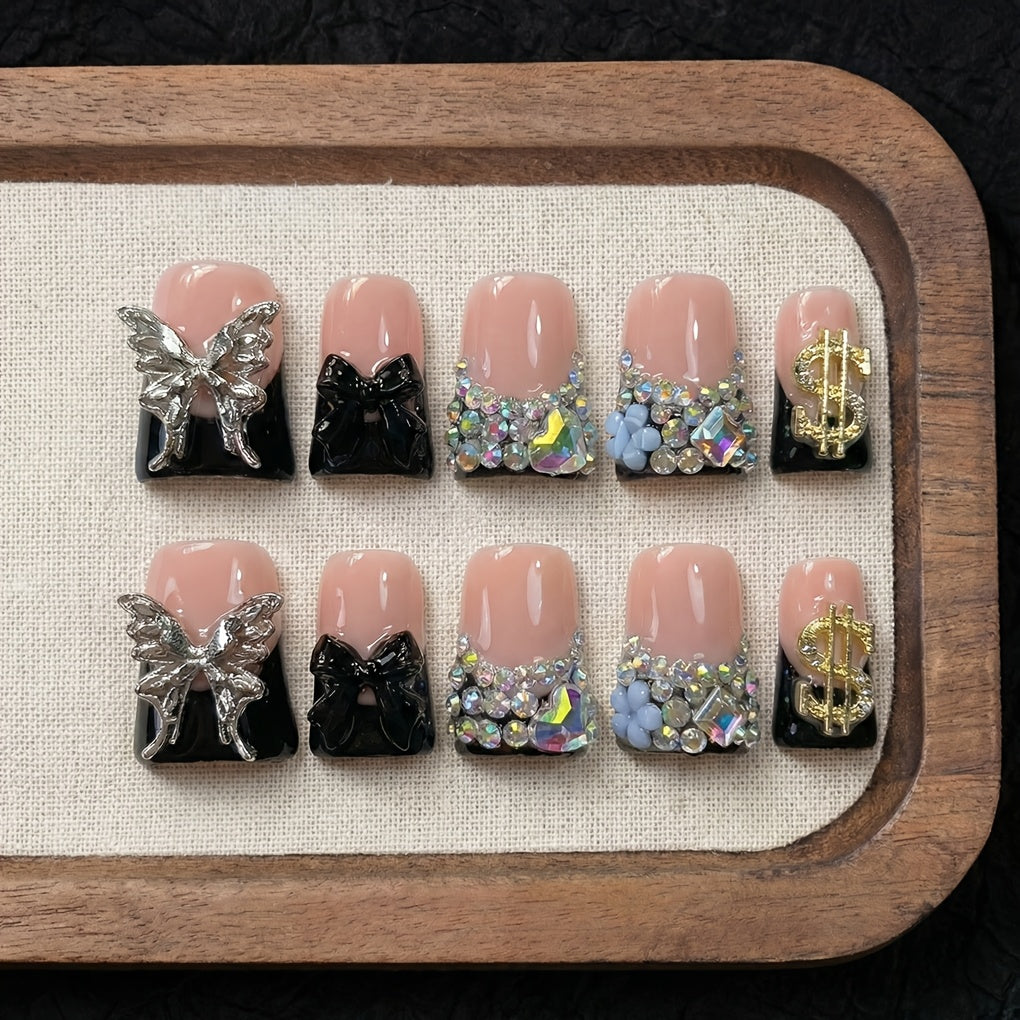 Press On Nails 10-Piece Medium Duckbill Set with Black Nude Color Block, Butterfly, Glitter and AB Rhinestones
