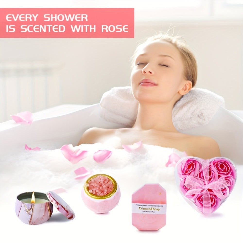 Luxury Spa Gift Set for Women 10-Piece Rose Scented Candles Bath Salt Balls Dried Flowers Eye Mask Soap Blanket Socks Hair Ribbon Gift Card
