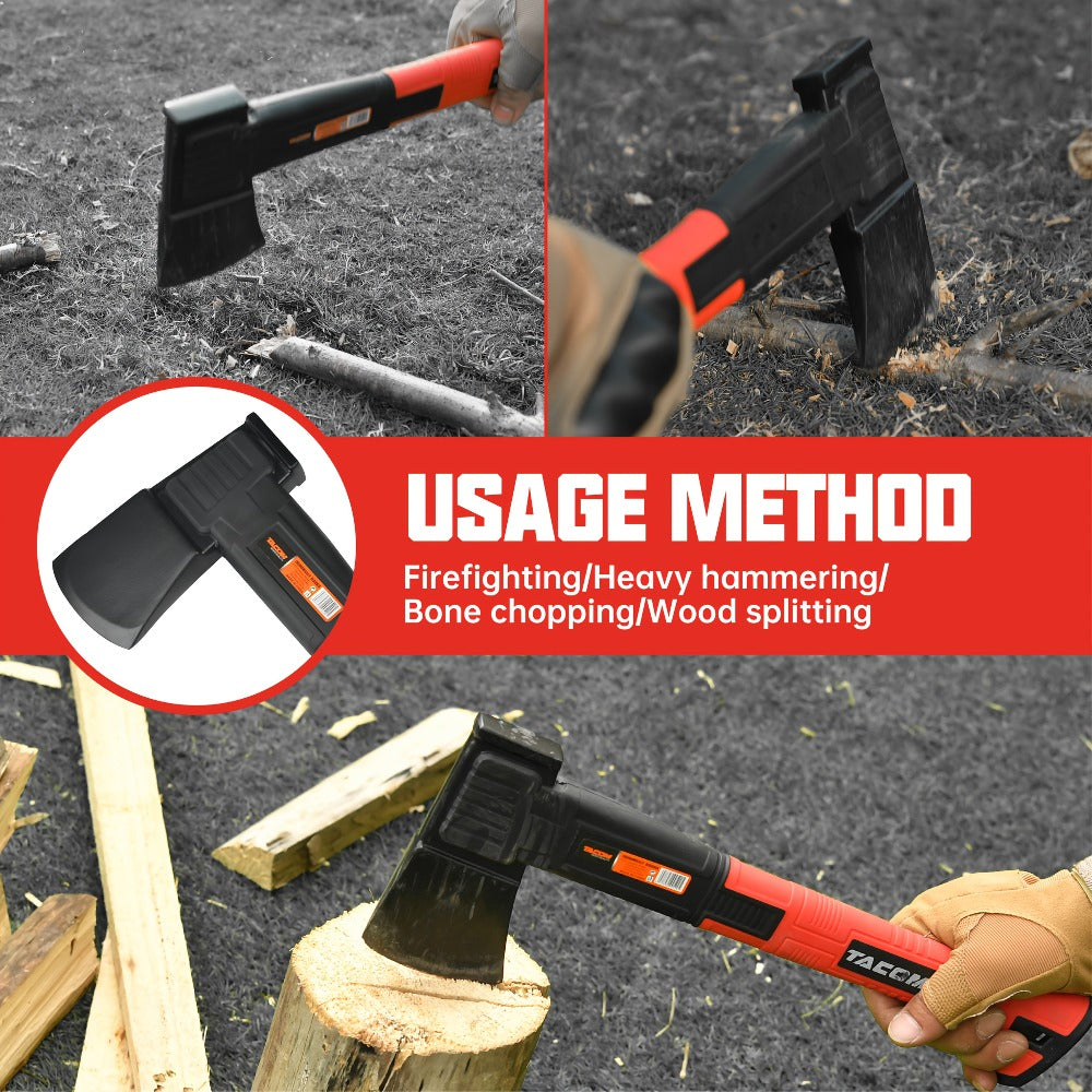 Camping Hatchet 15 Inch Splitting Axe 45 Carbon Steel with Nylon Rubber Non-Slip Handle – Teflon Blade, Blade Cover & Optional Whetstone Set