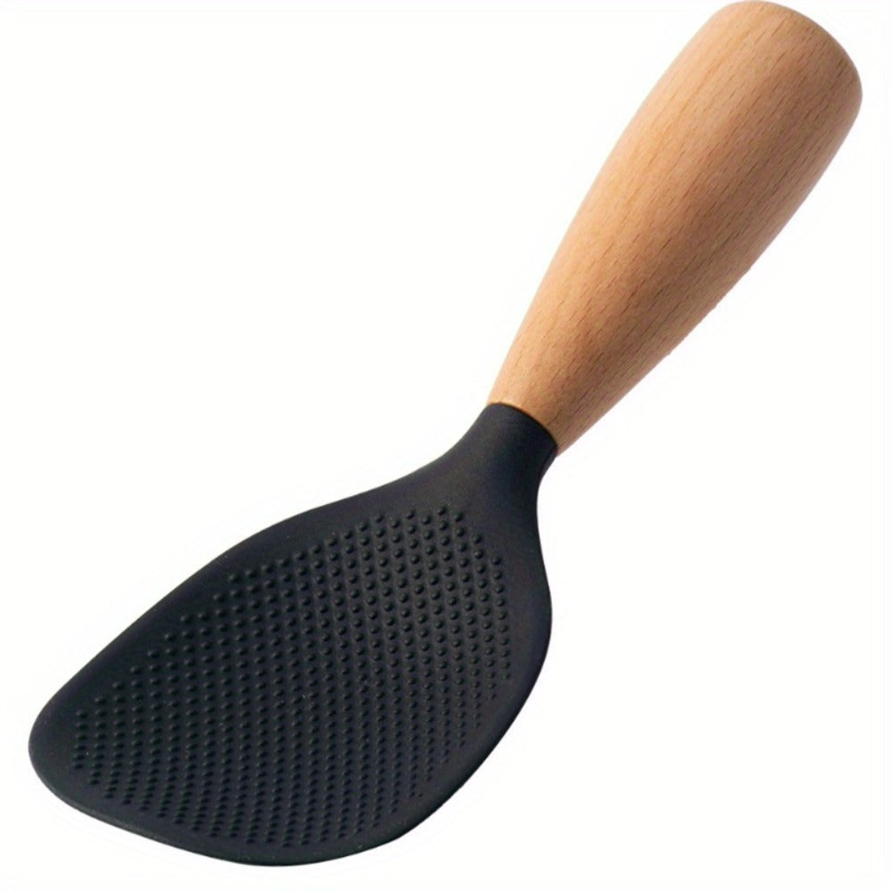 Silicone Rice Spatula Serving Spoon 2 Pack Wooden Handle Heat Resistant Durable Standing for Home Cooking, Dining and Outdoor Meals