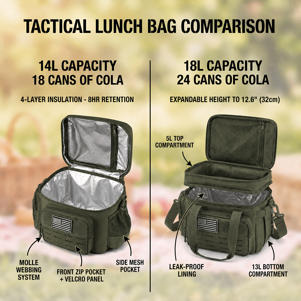 Tactical Insulated Cooler Lunch Box with MOLLE Webbing – Expandable & Leakproof, 3.7 Gal or 18L, for Hunting, Camping