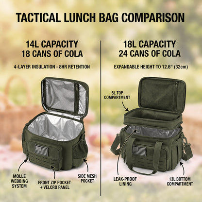 Tactical Insulated Cooler Lunch Box with MOLLE Webbing – Expandable & Leakproof, 3.7 Gal or 18L, for Hunting, Camping