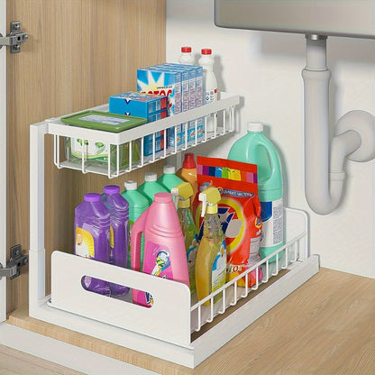 Under Sink Storage Organizer 2-Tier Sliding Metal Shelf in 1-Pack or 2-Pack, Black, White or Gray