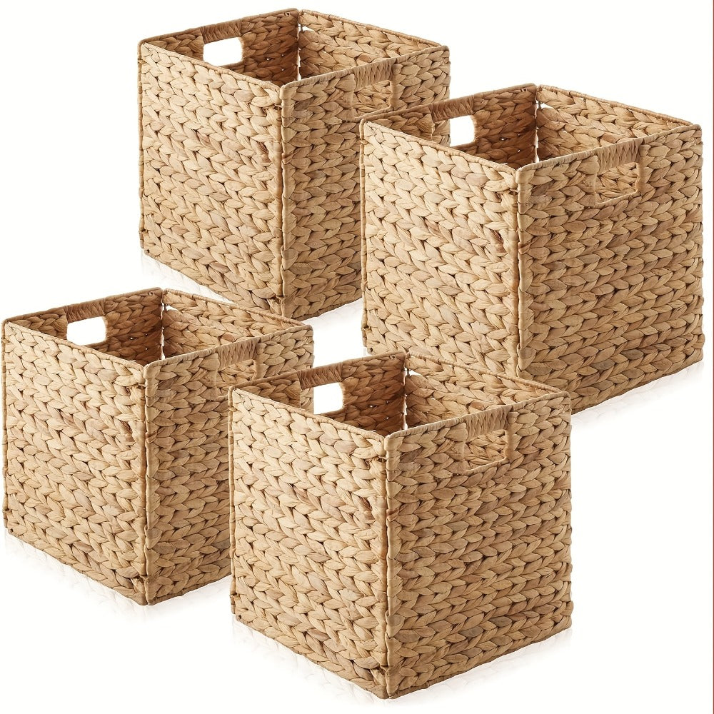 Water Hyacinth Storage Baskets 11in – Handwoven Stackable Cube Baskets for Shelves Closet Laundry, Natural Wicker Organizer Bins