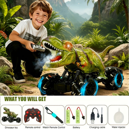 RC Monster Truck Dinosaur 2.4GHz 4WD Off-Road Remote Control Car with LED Lights Music Large Tires All-Terrain Stunt Vehicle Gift for Boys