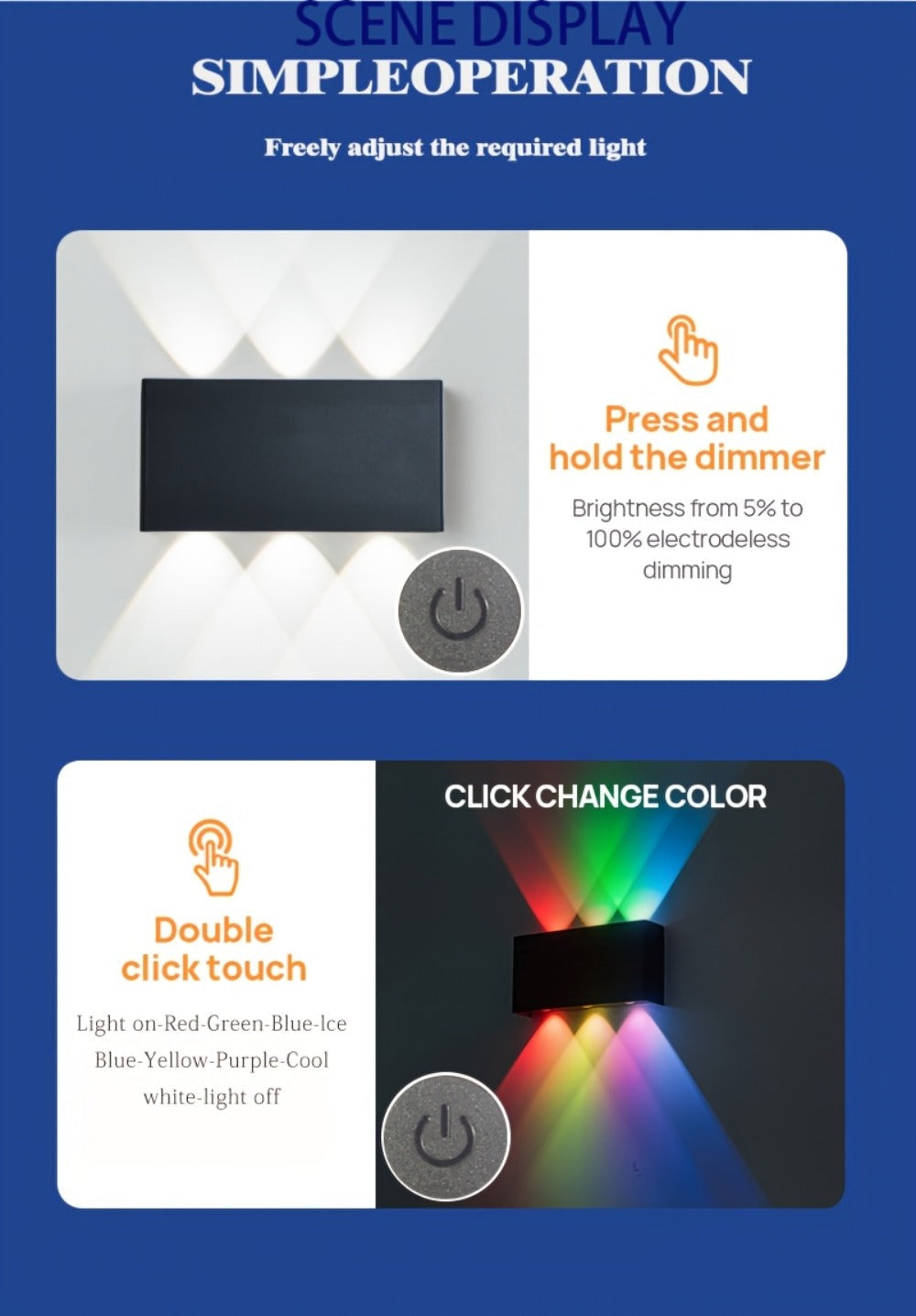 RGB Wall Light 2 Pack Battery Powered - Seven Color Gradient Dimming Night Light with Touch Switch