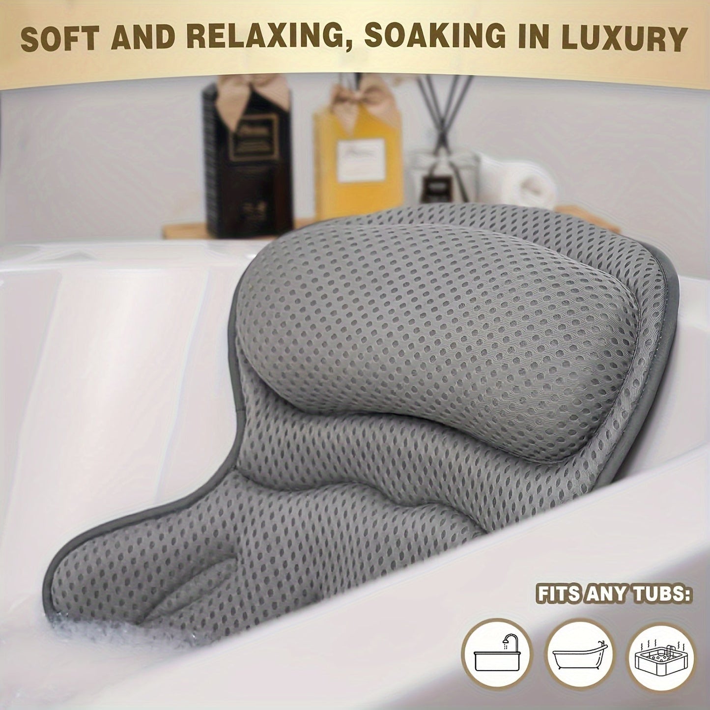 Contoured Bathtub Neck and Back Cushion with 4D Air Mesh, Suction Cups and White or Gray Finish