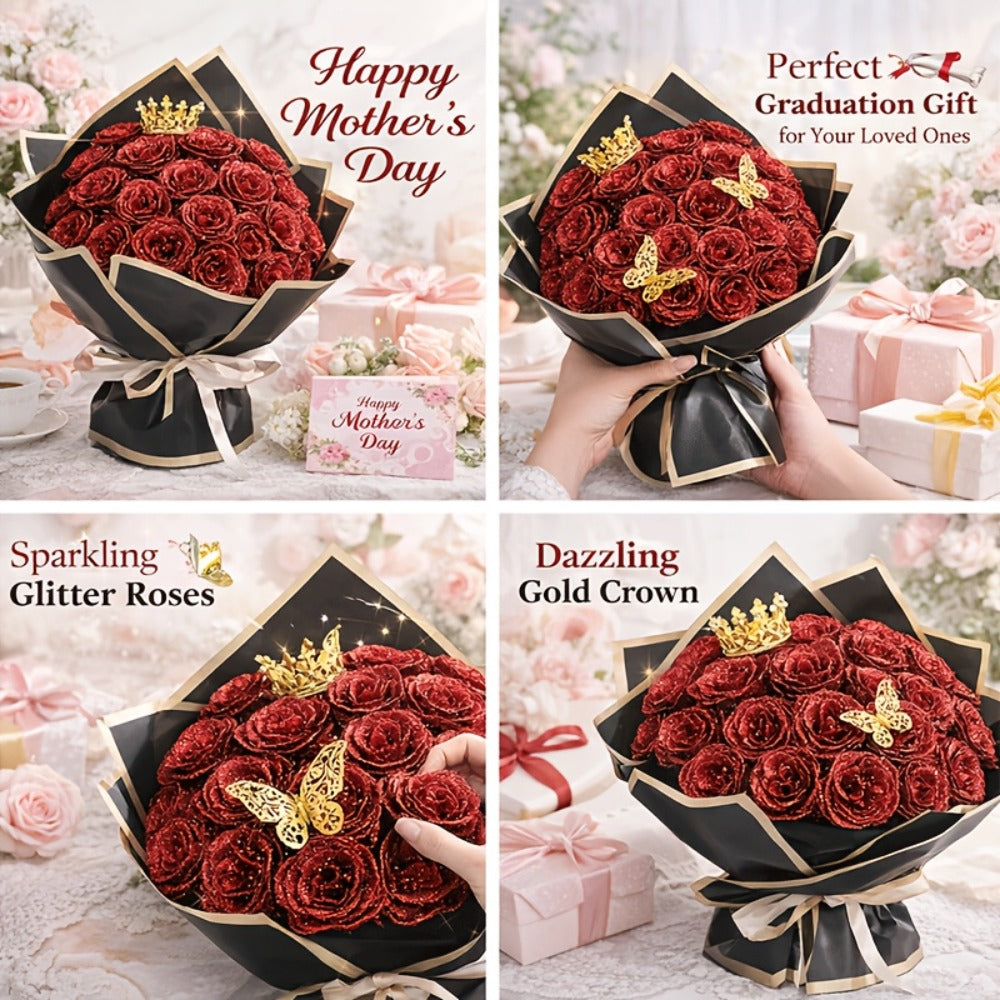 Artificial Flowers Glitter Rose Bouquet in 24 or 36-Piece Sets with Nine Sparkling Color Options