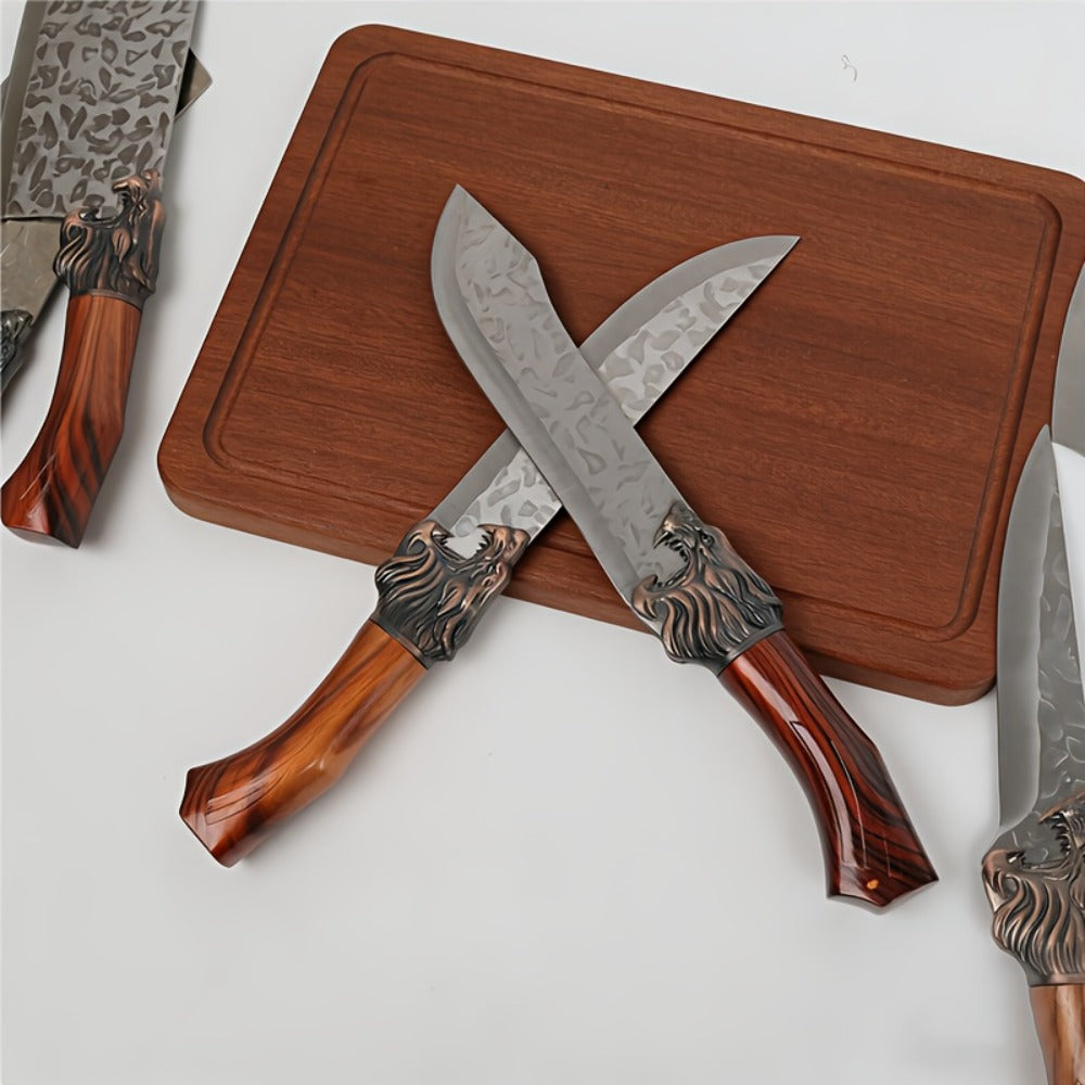 Seven-Piece Kitchen Knife Set with Six Hammered Silver Blades, Scissors and Wood-Look Handles