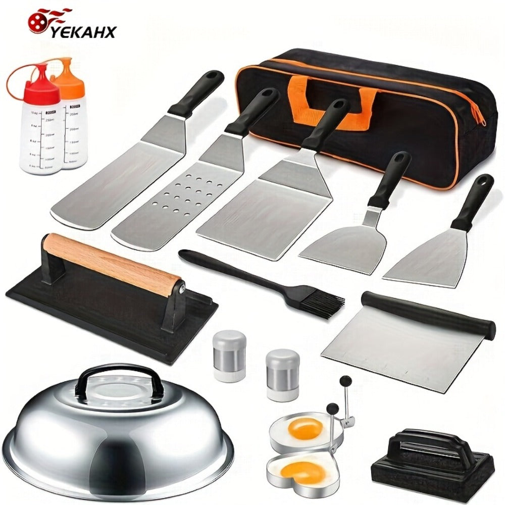 BBQ Grill Tool Set 8/17pcs, Teppanyaki Meat Press & Barbecue Accessories for Outdoor Camping, Kitchen & Parties