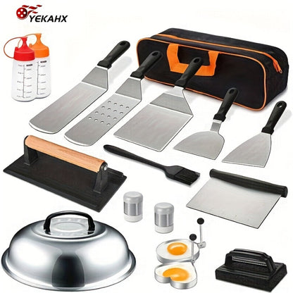 BBQ Grill Tool Set 8/17pcs, Teppanyaki Meat Press & Barbecue Accessories for Outdoor Camping, Kitchen & Parties