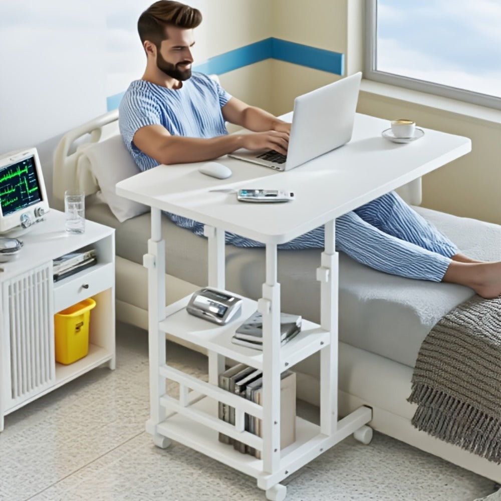 Rolling Overbed Table with Brake Wheels, Adjustable Height Bedside Nursing Dining Table for Elderly & Patients