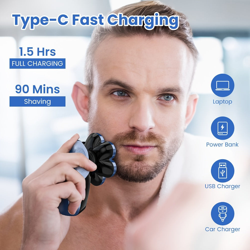 Skull Shaver for Bald Men 5-in-1 Rechargeable Rotary Electric Razor - 7D Floating Heads, 3-Speed LED Display Grooming Kit