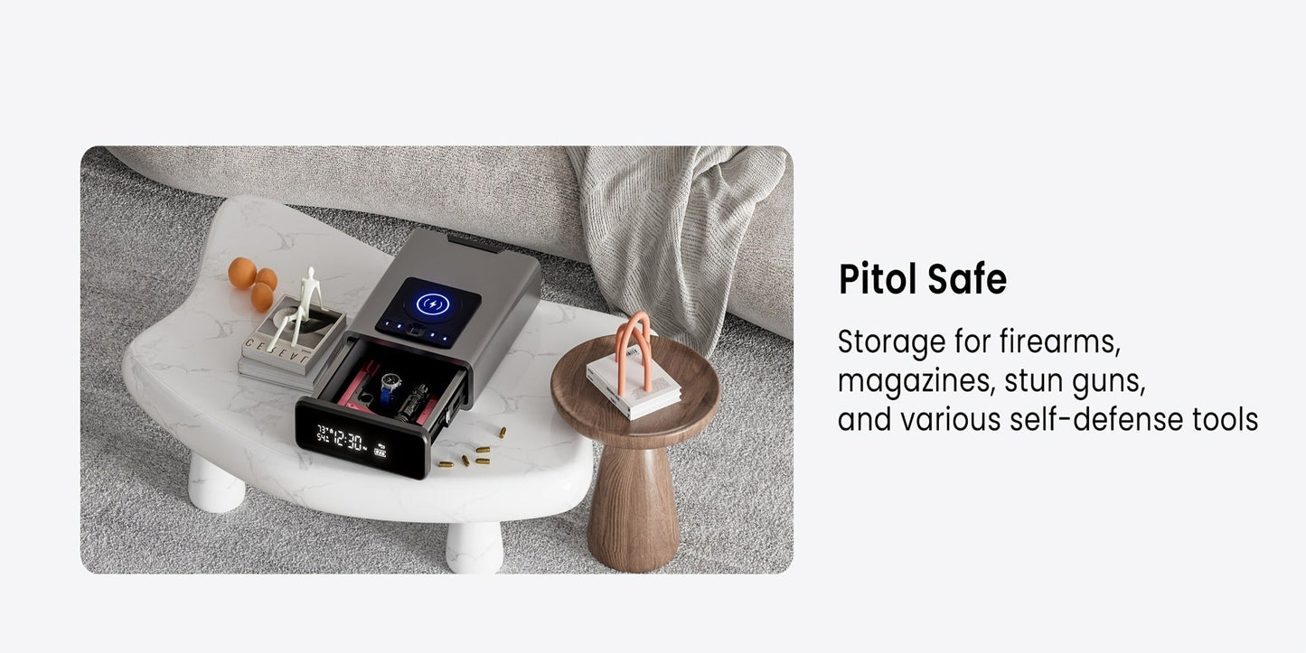 Biometric Gun Safe with Fingerprint Lock LED Clock and Wireless Charging DOJ Pistol Safe for Entryways, Bedrooms and Living Spaces
