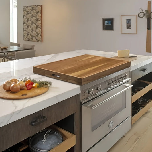 Acacia Wood Stove Top Cover Board 30x22 Inch, Gas Stove Cover with Handle Groove & Ventilation Holes