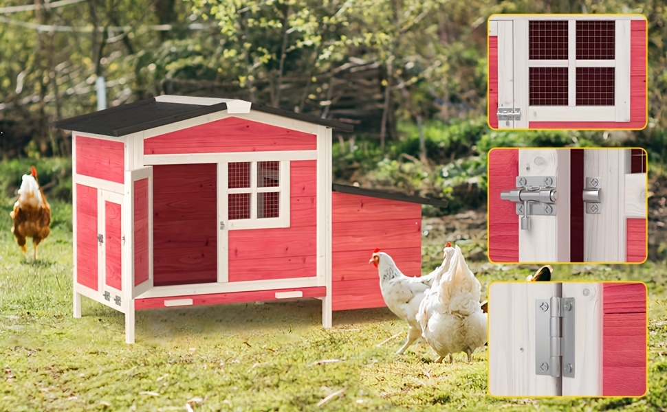 Hen House Outdoor Wooden Chicken Coop with Nesting Box Ramp Removable Tray Elevated Design Fir Wood for Garden, Patio and Yard Use