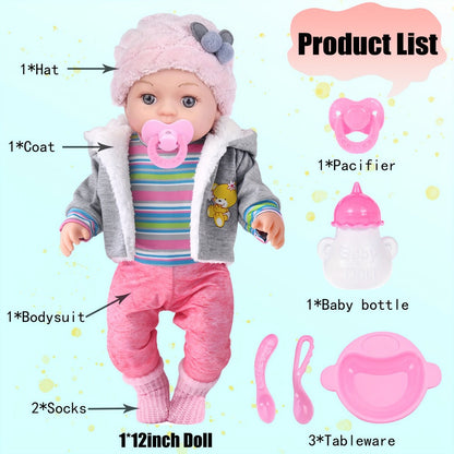Winter Outfit Baby Doll Set 12 Inch Plush Coat Movable Limbs Clothes Socks Pacifier Bottle Utensils Nurturing Play Gift for Girls Kids Ages