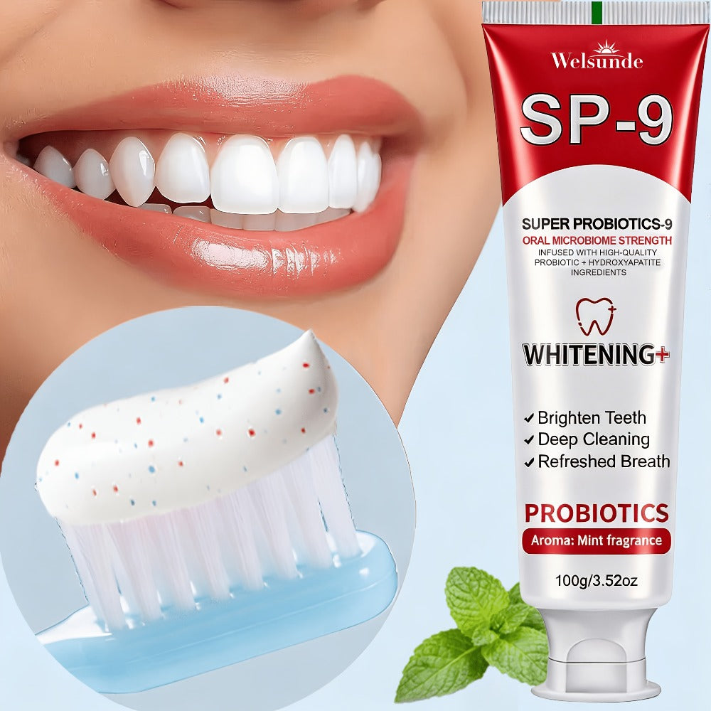 100g Mint SP-9 Toothpaste Tube with Probiotics Complex and Hydroxyapatite Highlighted on Label