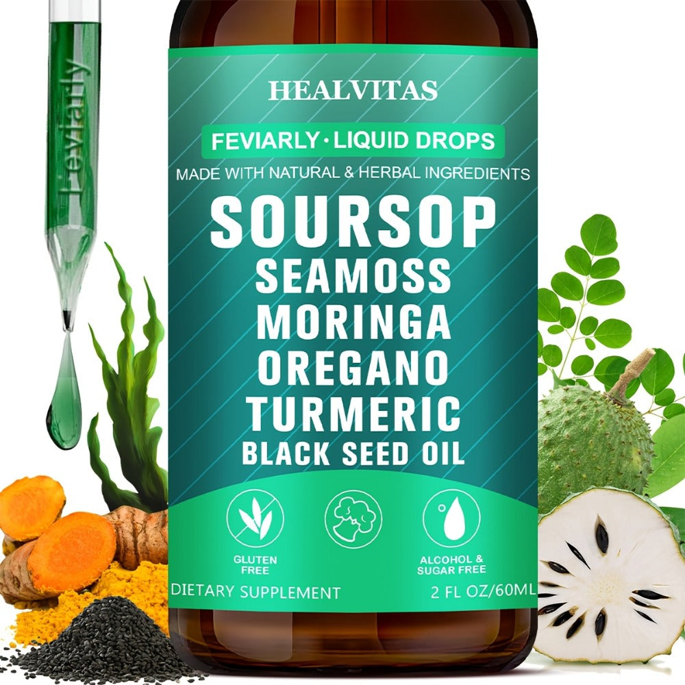 Soursop Bitters Liquid Supplement 2oz 10-in-1 with Seaweed Moringa Turmeric Black Seed Oil & Oregano Herbal Extracts