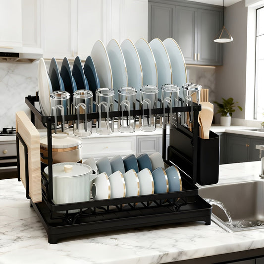 2-Layer Dish Drying Rack Kitchen Countertop Organizer – Dish Drain Rack with Knife Holder, Cup Rack & Cutlery Holder for Bowls