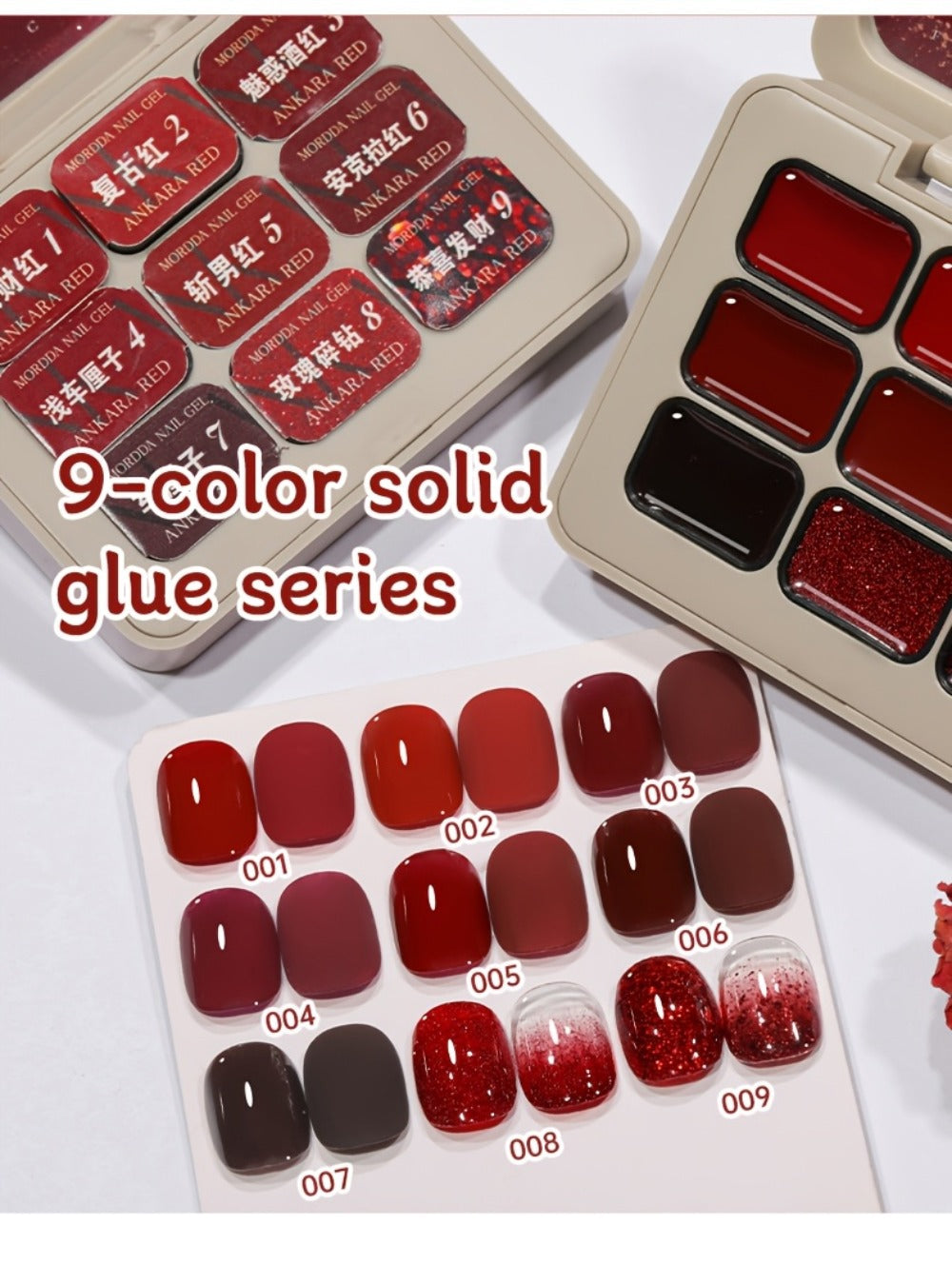 Gel Nail Polish Nine-Piece Ancola Red Solid Gel Set for Gradient and Ombre Nail Art in One Grid Case