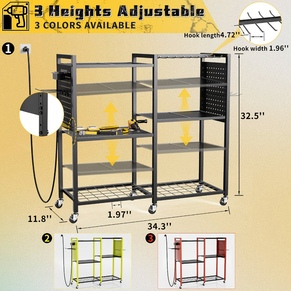 Mobile Tool Cart with Charging Station, 12 Drill Holders & 5 Storage Shelves Power Tool Organizer