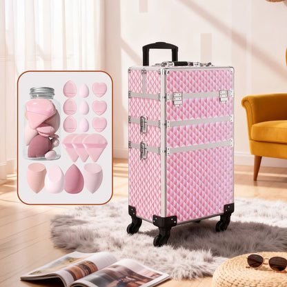 Three-Section Rolling Makeup Train Case with Telescoping Handle in Black or Pink and Sponge Set