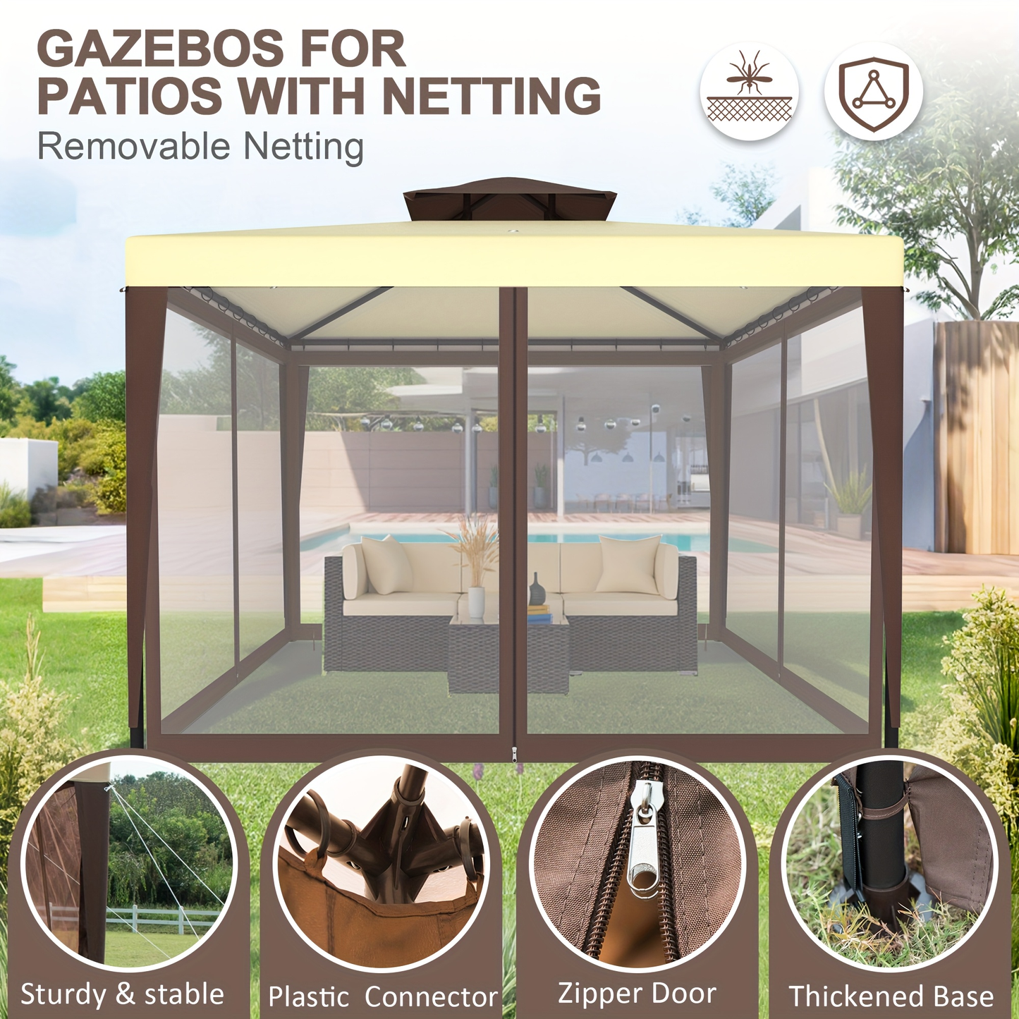 Gazebo Tent 10x10 FT Mosquito Netting Quick Setup Outdoor Canopy for Garden, Yard and Pest Management